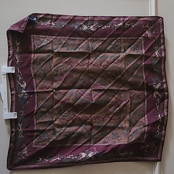 VTG Polo Ralph Lauren Silk Scarf POLO EQUESTRIAN Horse Dogs Burgundy Paisley 31” - Picture 2 of 7